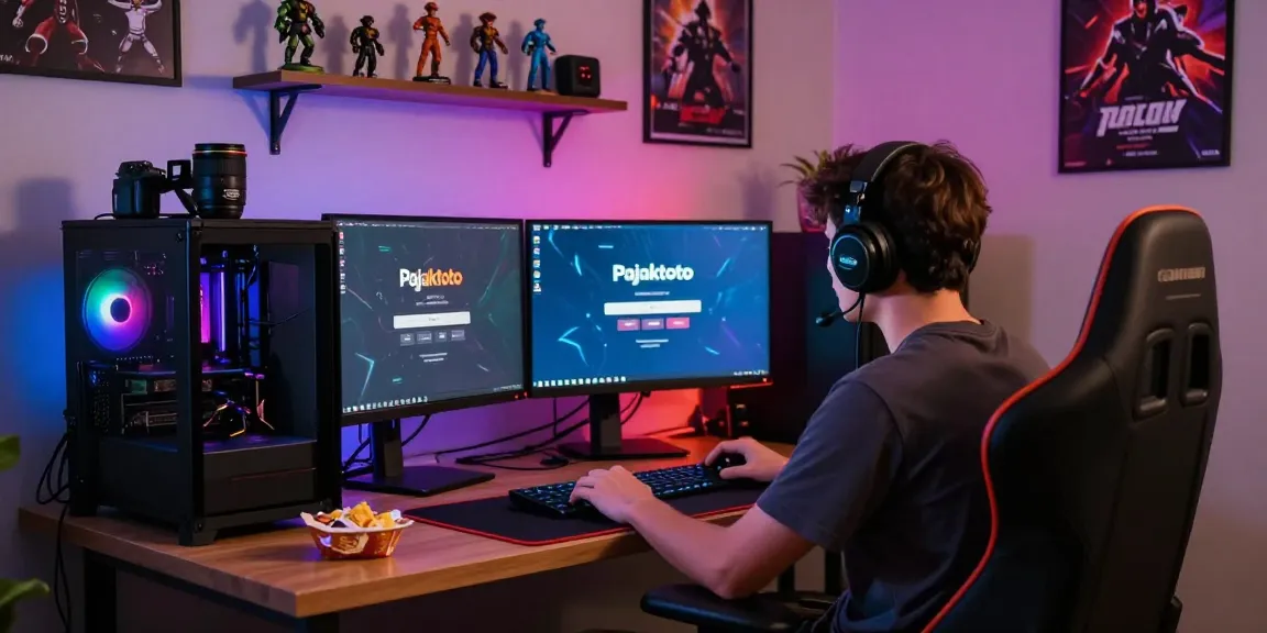 Pajaktoto login screen displayed on dual monitors in a vibrant gaming setup with RGB lighting.