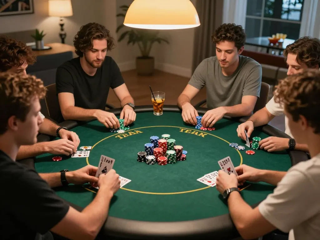 Players enjoying a friendly game of poker at home, showcasing their strategies with bsport involved in the excitement.