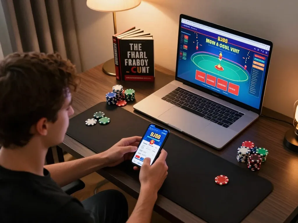Bj88 mobile app showing live dealer games with colorful poker chips on an elegant desk