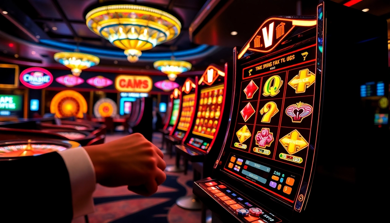 Player engaging with vibrant game nổ hũ slot machine jackpot interface in luxury casino setting
