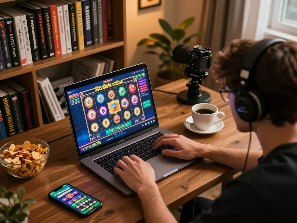 Terlibat dalam permainan situs slot online di laptop di rumah, menampilkan layar permainan slot yang cerah.