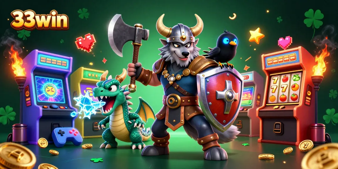 Join the excitement of 33win with a dynamic 3D casino scene featuring vibrant game elements and mythical characters.