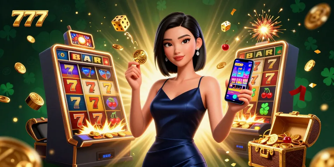 Win big with 777 in a vibrant casino scene showcasing an Asian woman with playing cards.