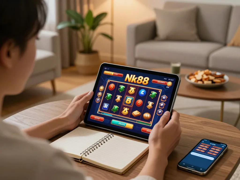 Engaged player enjoying Nk88 game on a tablet in a cozy home environment, emphasizing responsible gambling.