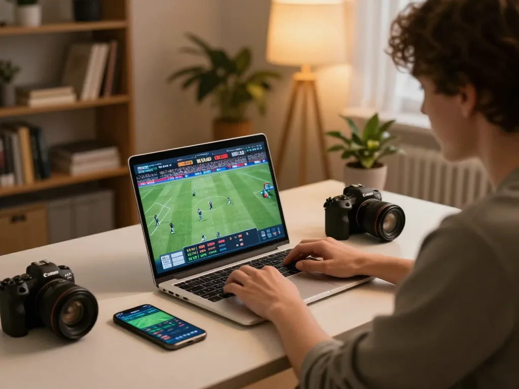 Betting on MMOO through a laptop during a live sports event with warm cozy home setting