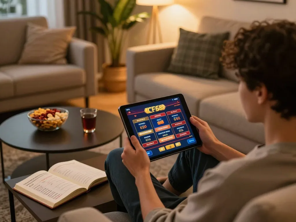 Person engaged with CF68 casino app on tablet, enjoying a cozy home gaming session.