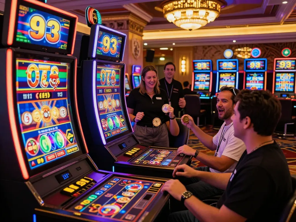 Engaged players spinning Slot 93 machines in a lively casino atmosphere full of excitement.