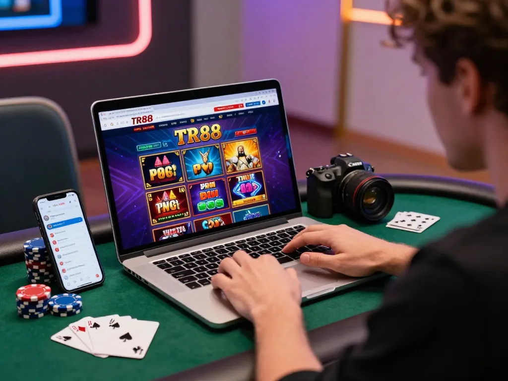 Player immersed in TR88 online casino gaming experience with vibrant interface.