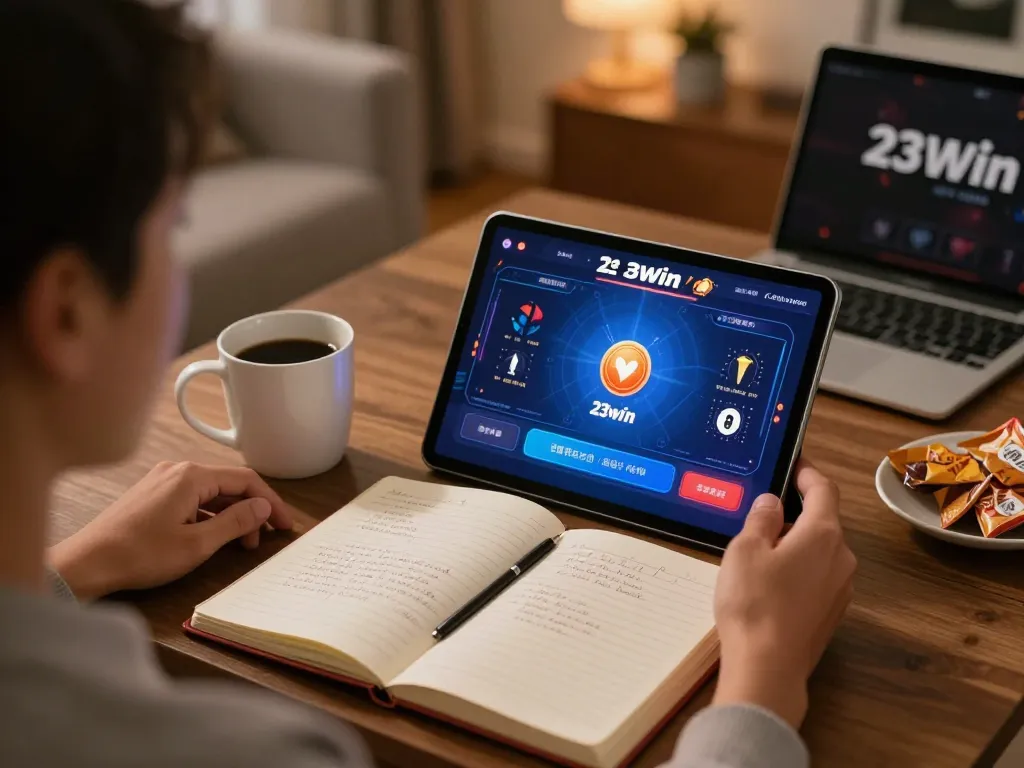 Enjoying online gameplay on the 23win app with strategic notes in a cozy home setting.