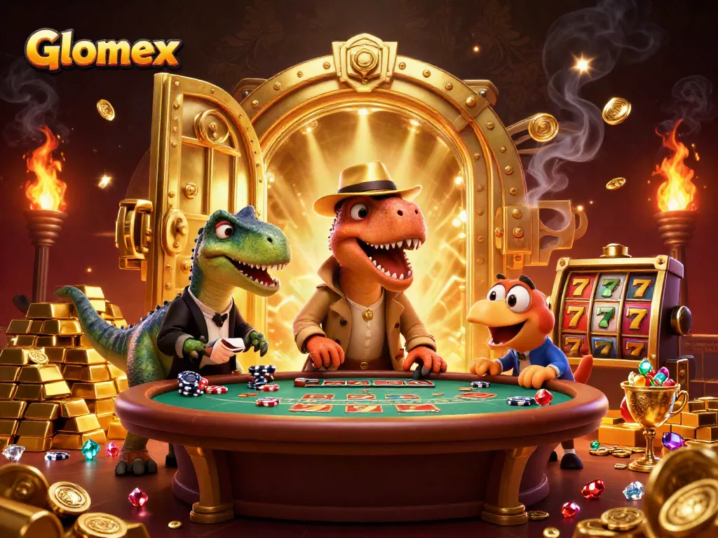 Glomex showcases thrilling casino action with a velociraptor card counter and dazzling slot elements.