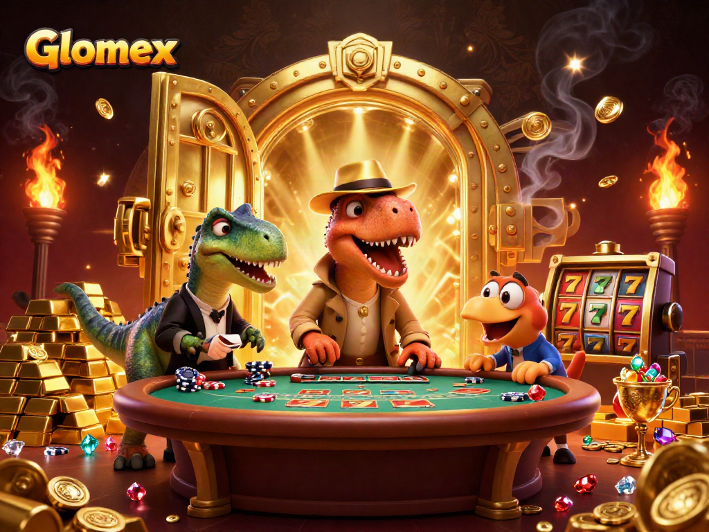 Glomex showcases thrilling casino action with a velociraptor card counter and dazzling slot elements.