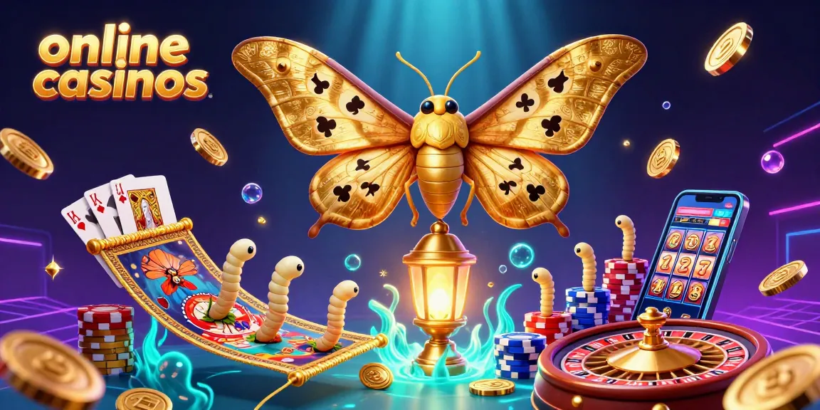 Experience the thrill of online casinos with a vibrant illustration of a 3D atlas moth amidst casino elements.