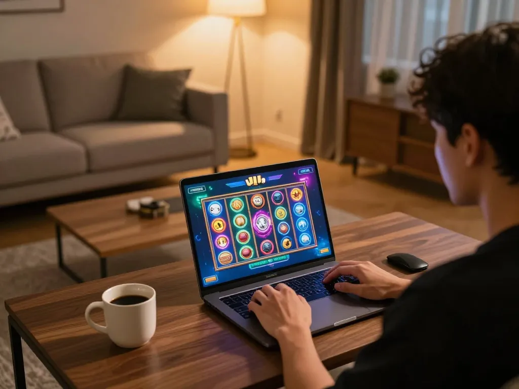 Playing Jili games on a laptop in a cozy home setup with warm lighting and engaging graphics.