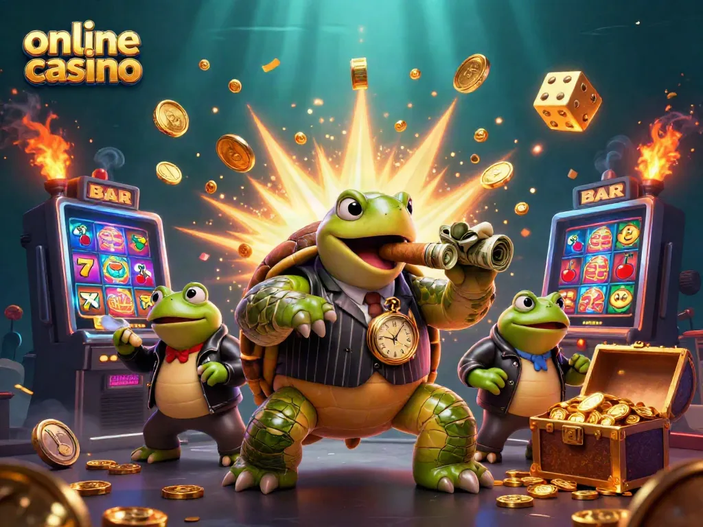Experience excitement with a vibrant illustration showcasing an online casino scene full of winnings and action.