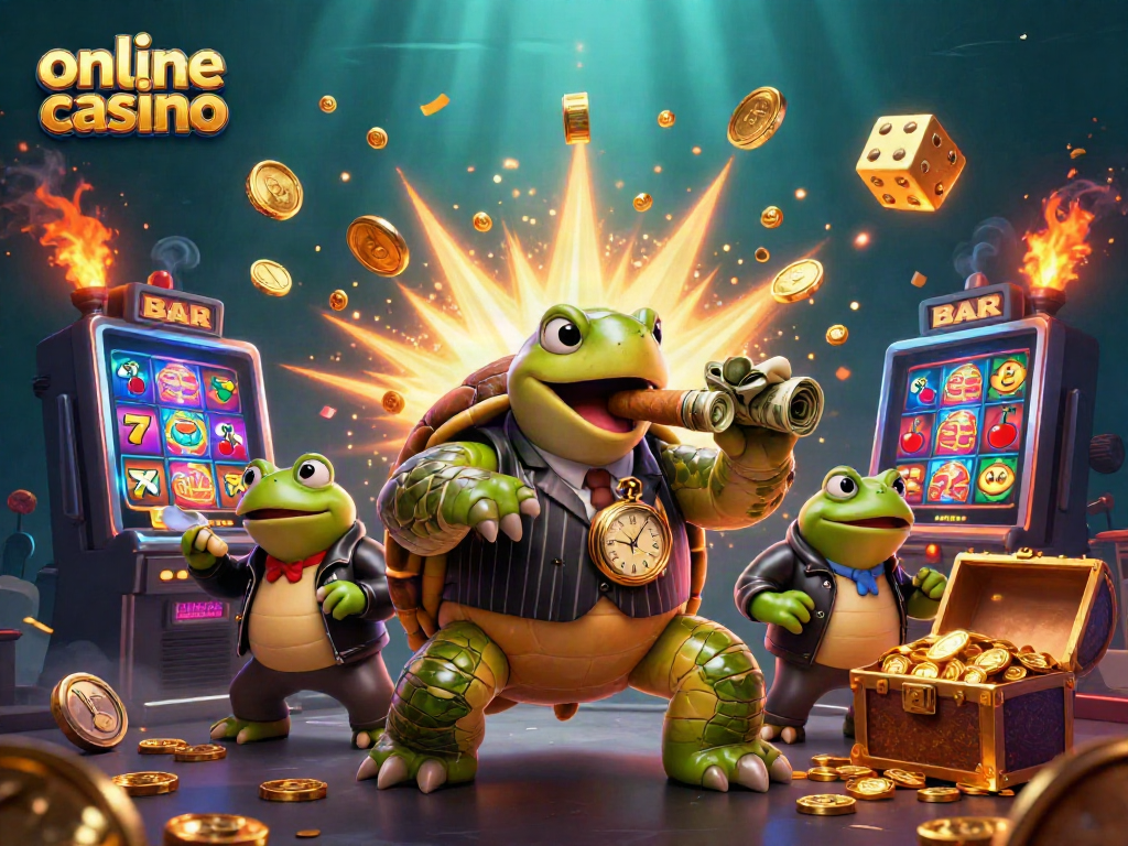 Experience excitement with a vibrant illustration showcasing an online casino scene full of winnings and action.