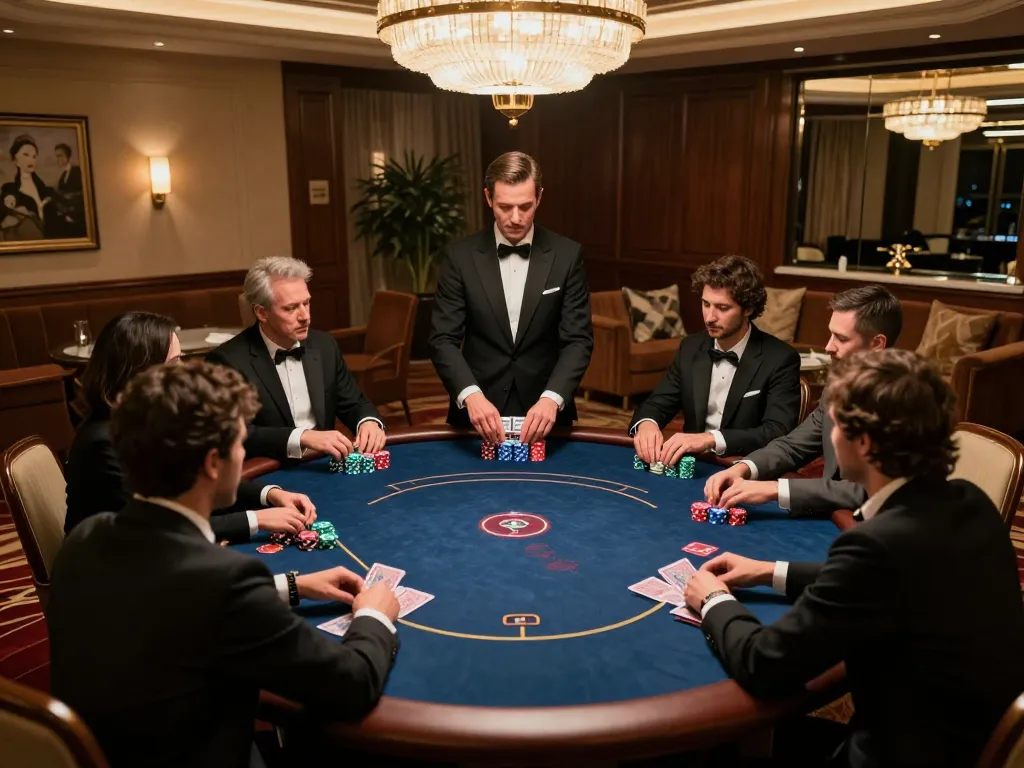 Players strategizing their moves at the HM88 poker table in a luxury casino setting