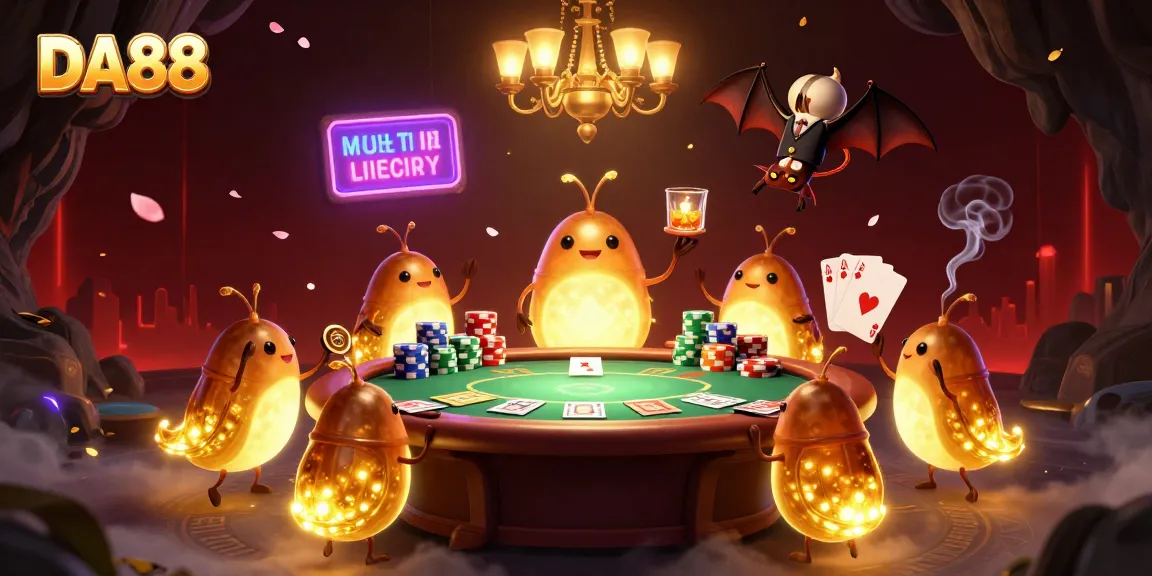 DA88 casino glowworms lighting up a poker game with vivid colors and energetic atmosphere