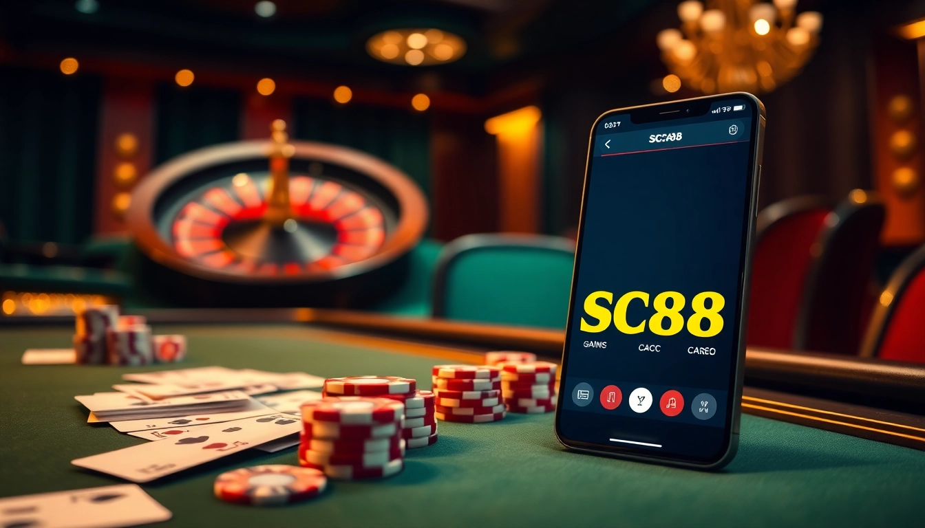 Engage in SC88 cá cược with a luxurious casino experience featuring poker and a roulette wheel.