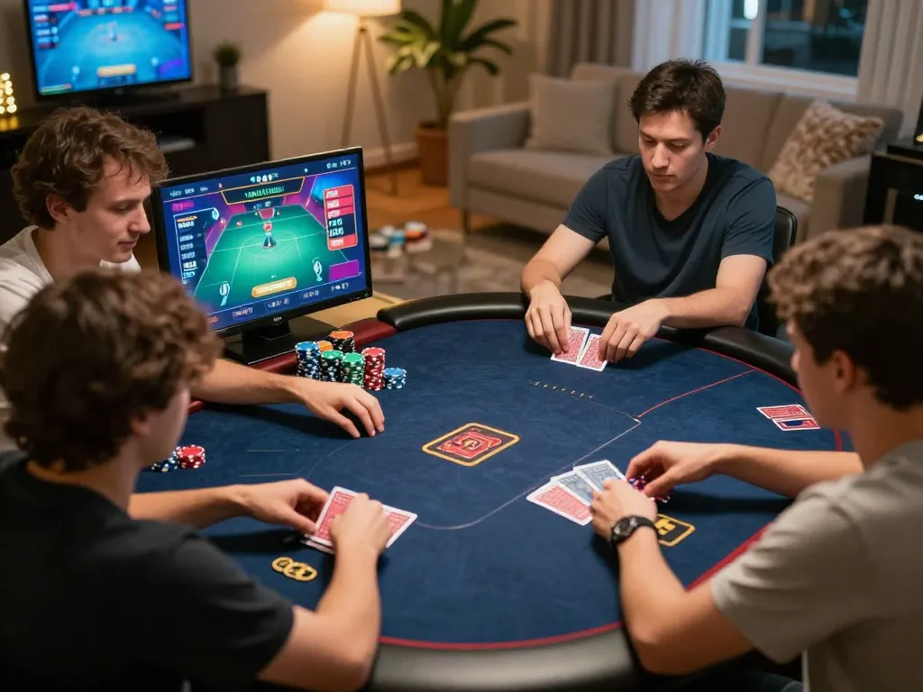 F8BET players enjoying an exciting online poker game with strategic moves and cozy home atmosphere