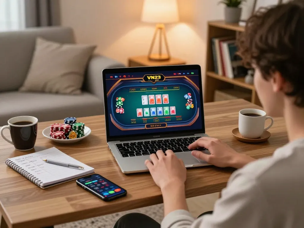 Engaging online gaming experience on VN23 with a live dealer table displayed, cozy home atmosphere.