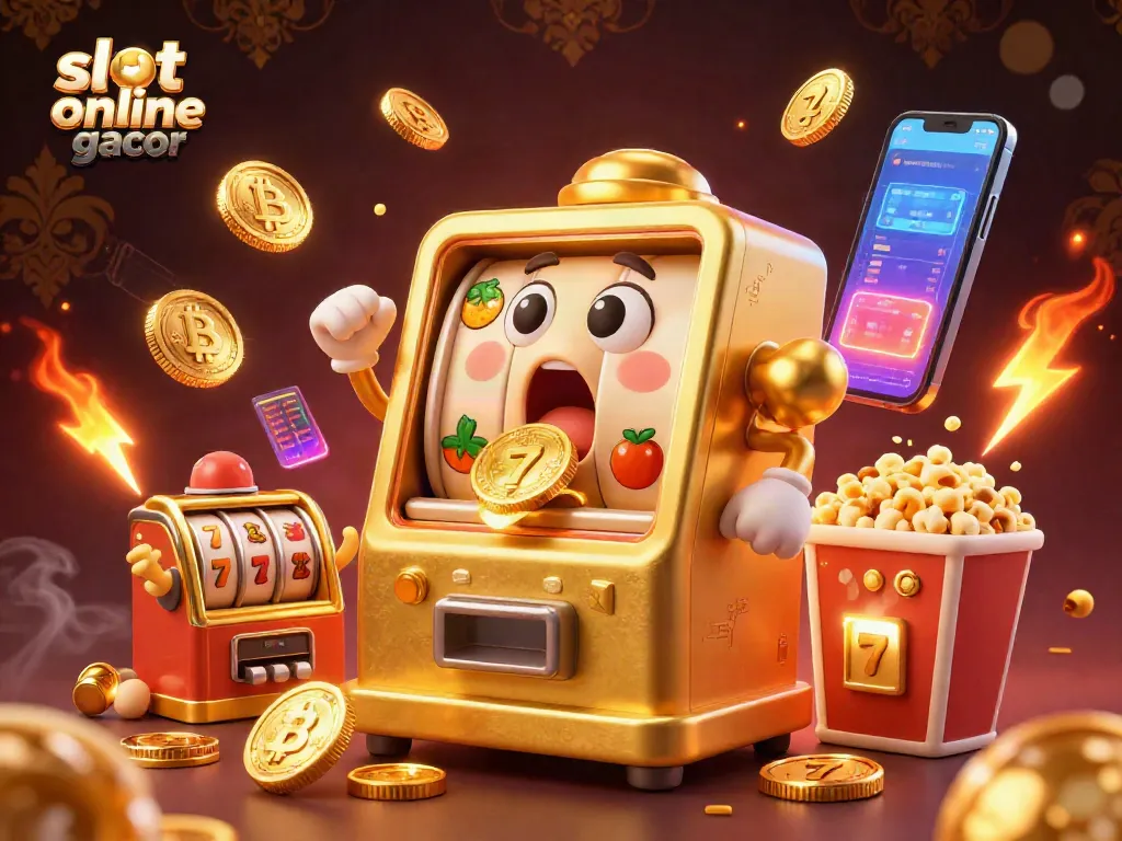 Engage in the excitement of slot online gacor with a golden slot machine hitting its jackpot amid coins and cheering machines.