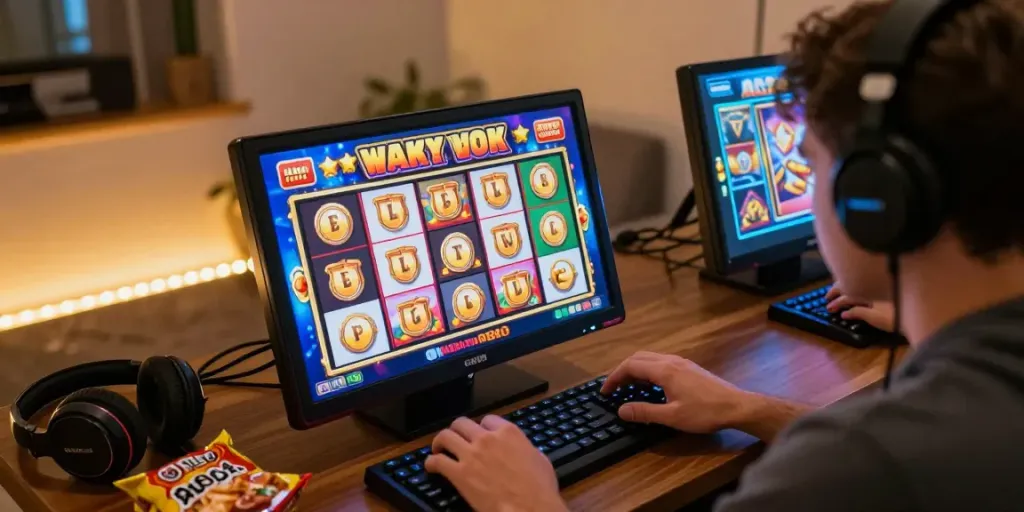 Player focused on a mobile slot gacor game, vibrant graphics and cozy atmosphere.
