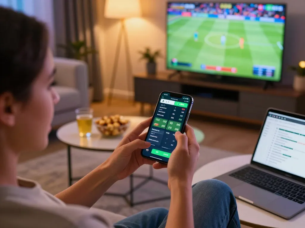 Engaging sports betting moment showcasing 888vi app action on smartphone in a cozy living room