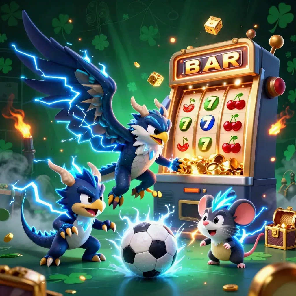 Thunder dragon, wind hawk and static mouse amid slot machine, balls and gold on neon casino backdrop.