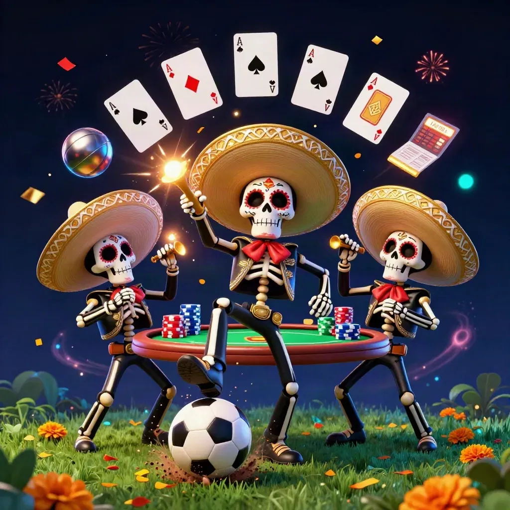 Skeleton mariachi trio kick a soccer ball through turf amid neon casino chaos.
