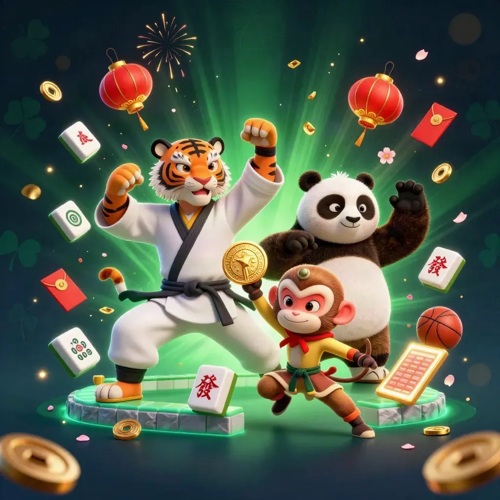 Tiger, panda, and monkey in neon casino kung-fu action with mahjong, coins, and sports props