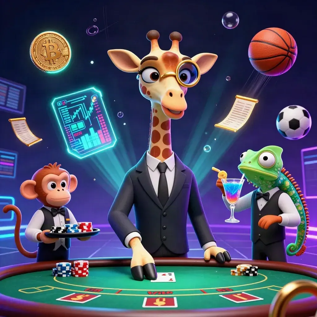 Neon casino animals at a poker table with crypto coins, sports balls, and glowing effects.