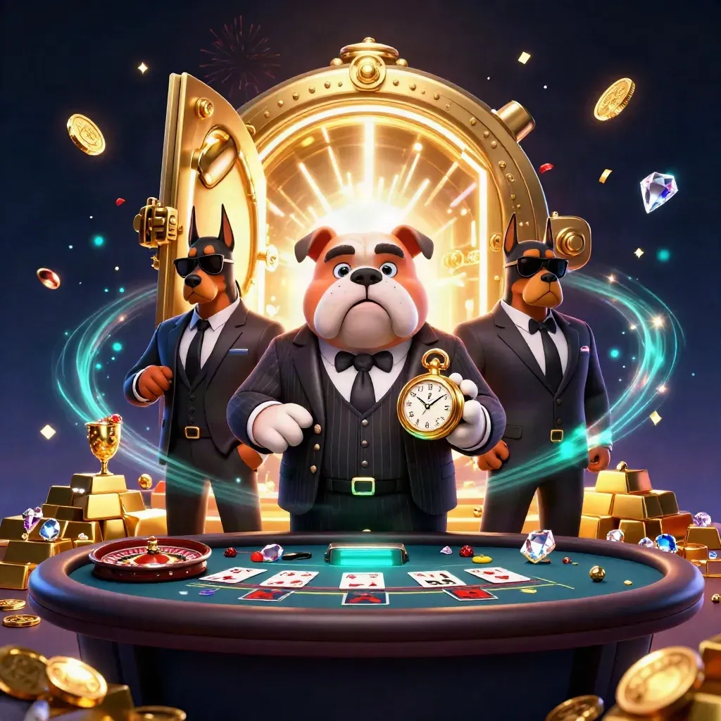 Bulldog mafia boss with two Dobermans in a glittering vault casino scene