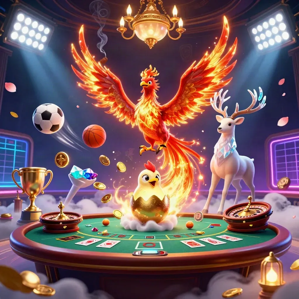 Phoenix, stag, and casino props in a neon brass room with gold coins and fog.