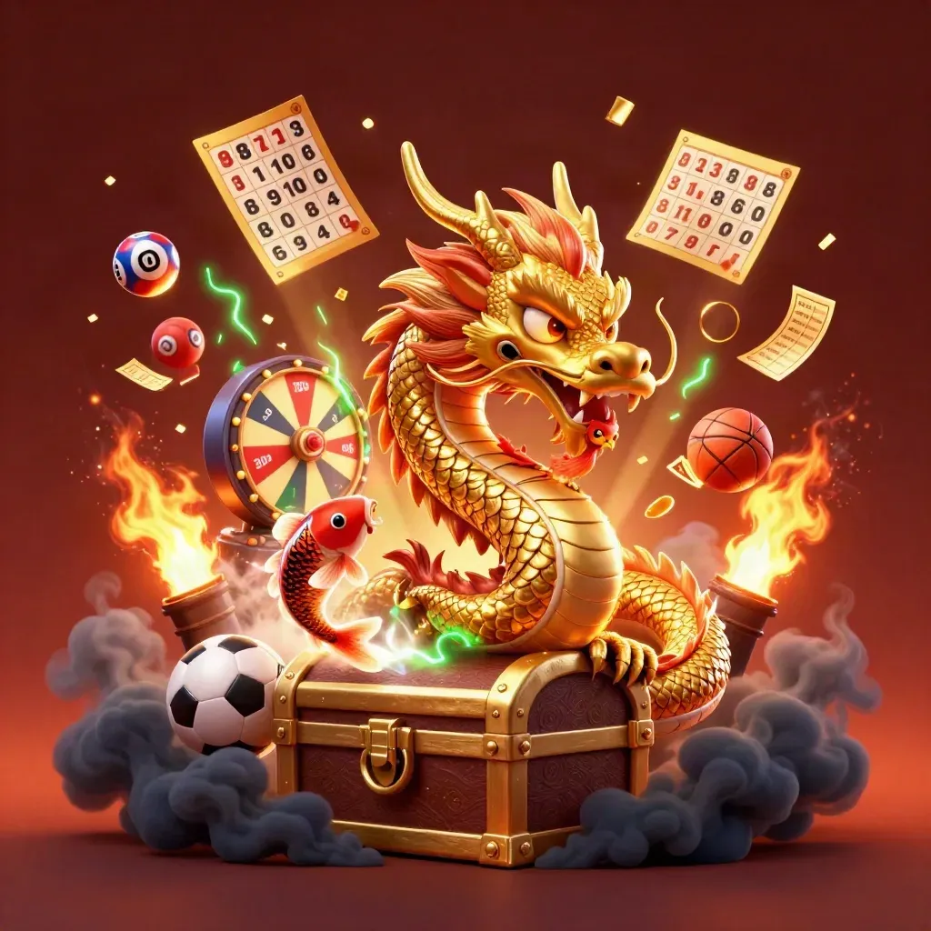 Golden dragon, phoenix and koi amid lottery balls, prize wheel and embers in a cinematic casino splash