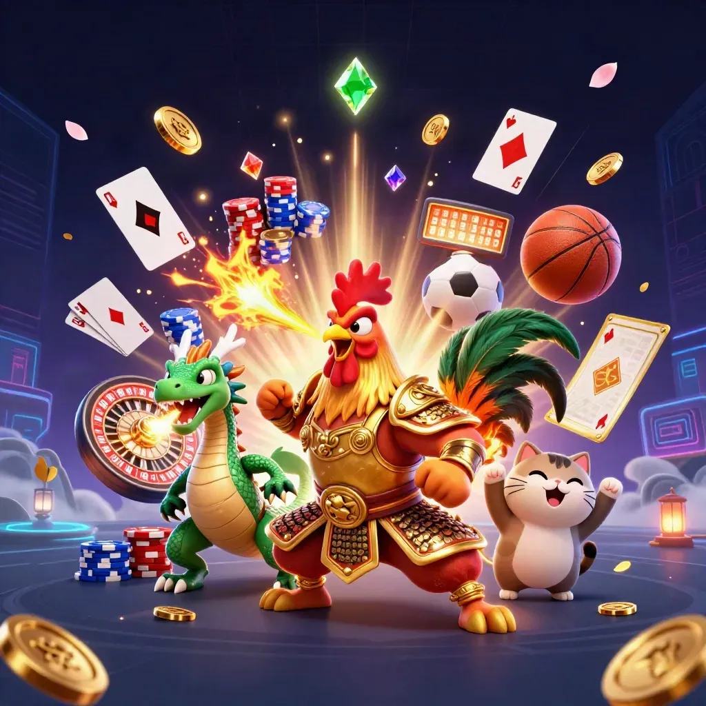 Rooster, dragon hatchling and fortune cat explode through coins, chips and neon sports-casino light.