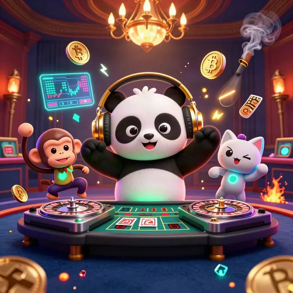 Panda DJ, dancing monkey and glow kitten in a neon casino with spinning roulette wheels and ember light