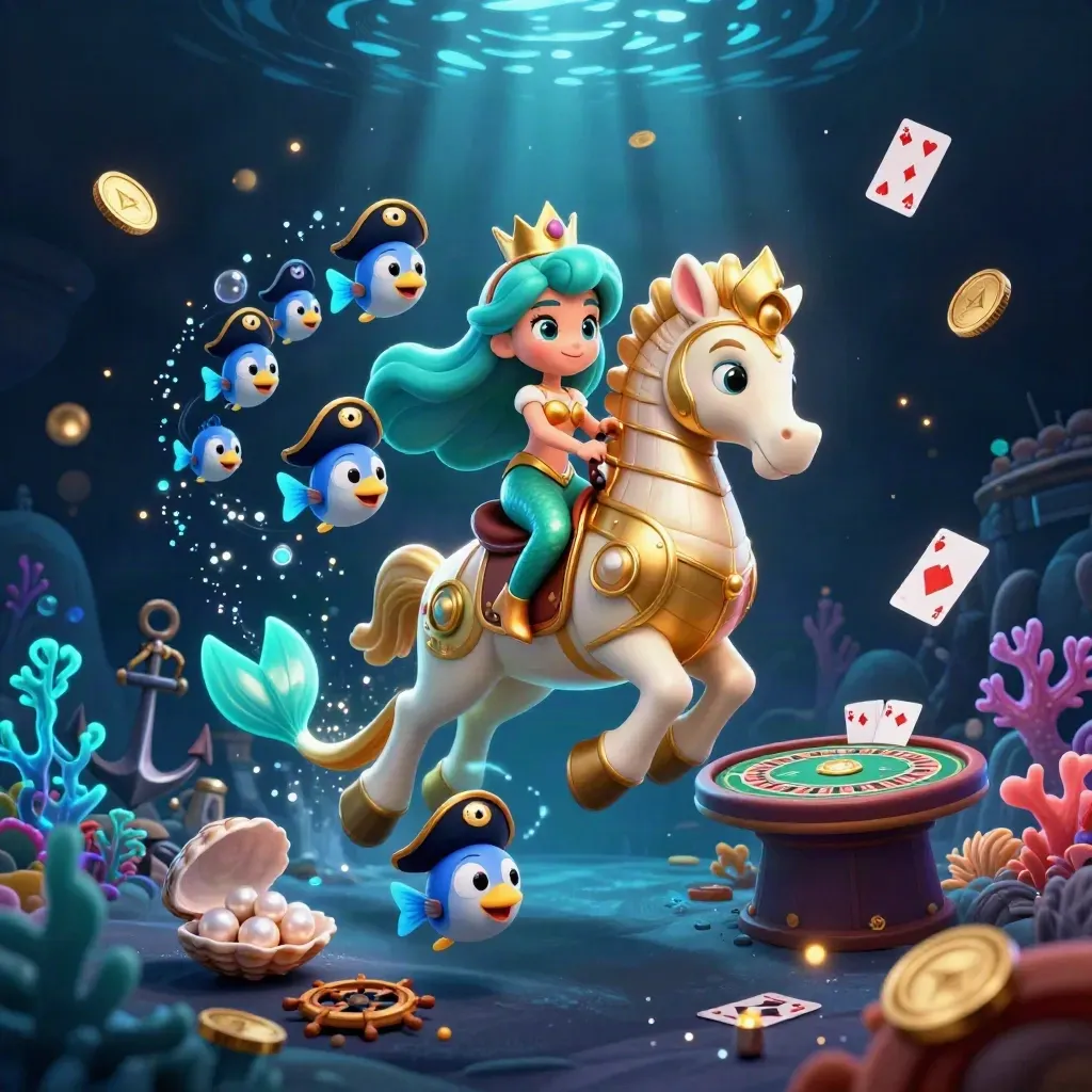 Mermaid princess on golden seahorse with pirate fish, casino relics, glowing underwater treasure cove