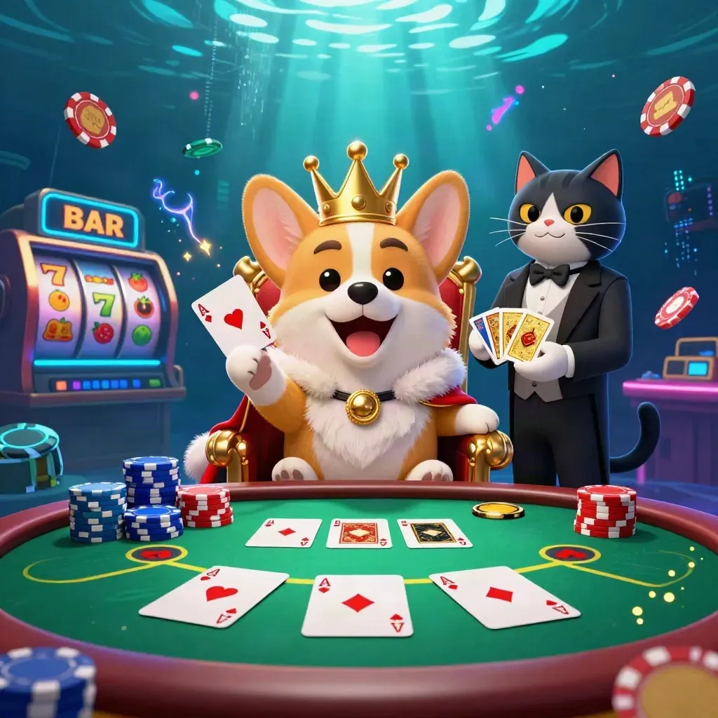 Royal corgi and cat butler amid chips, cards, slot icons, neon green energy, and underwater casino glow