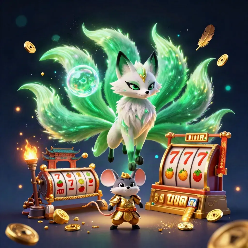 Neon fox spirit and armored mouse amid coins, temple gate, and casino sparks on deep navy glow.