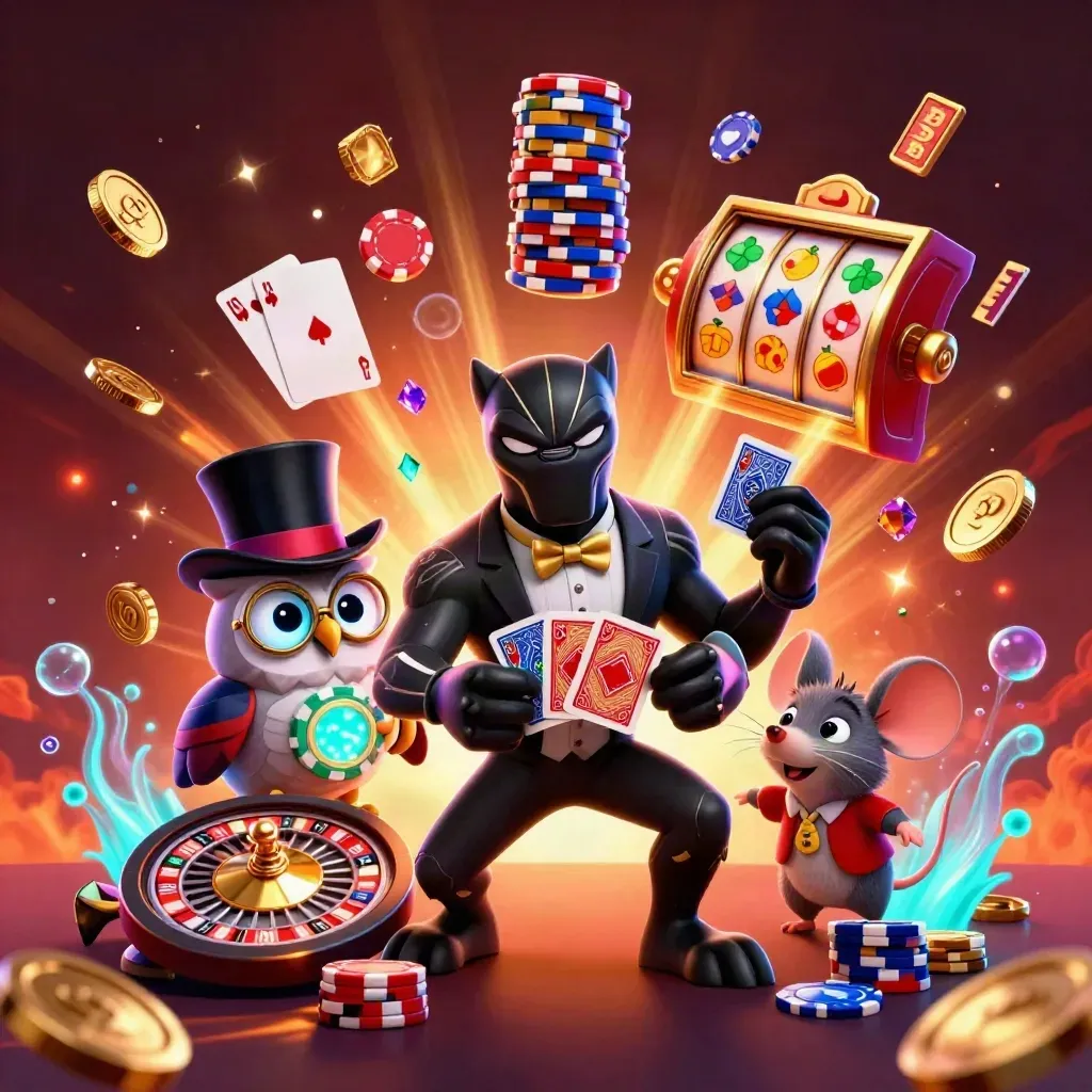 Panther dealer, owl with chips, and mouse amid coins, gems, roulette wheel, and neon casino glow.