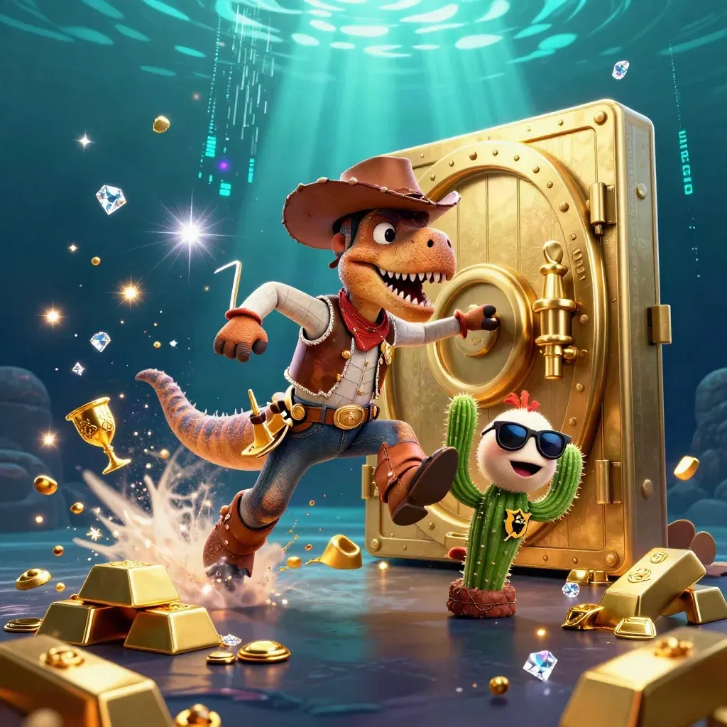 Cowboy T-Rex, cactus sidekick, and roadrunner burst from a gold vault underwater
