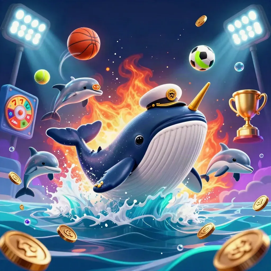 Captain whale, narwhal, and dolphins burst from coins with sports balls, lights, and casino glow.
