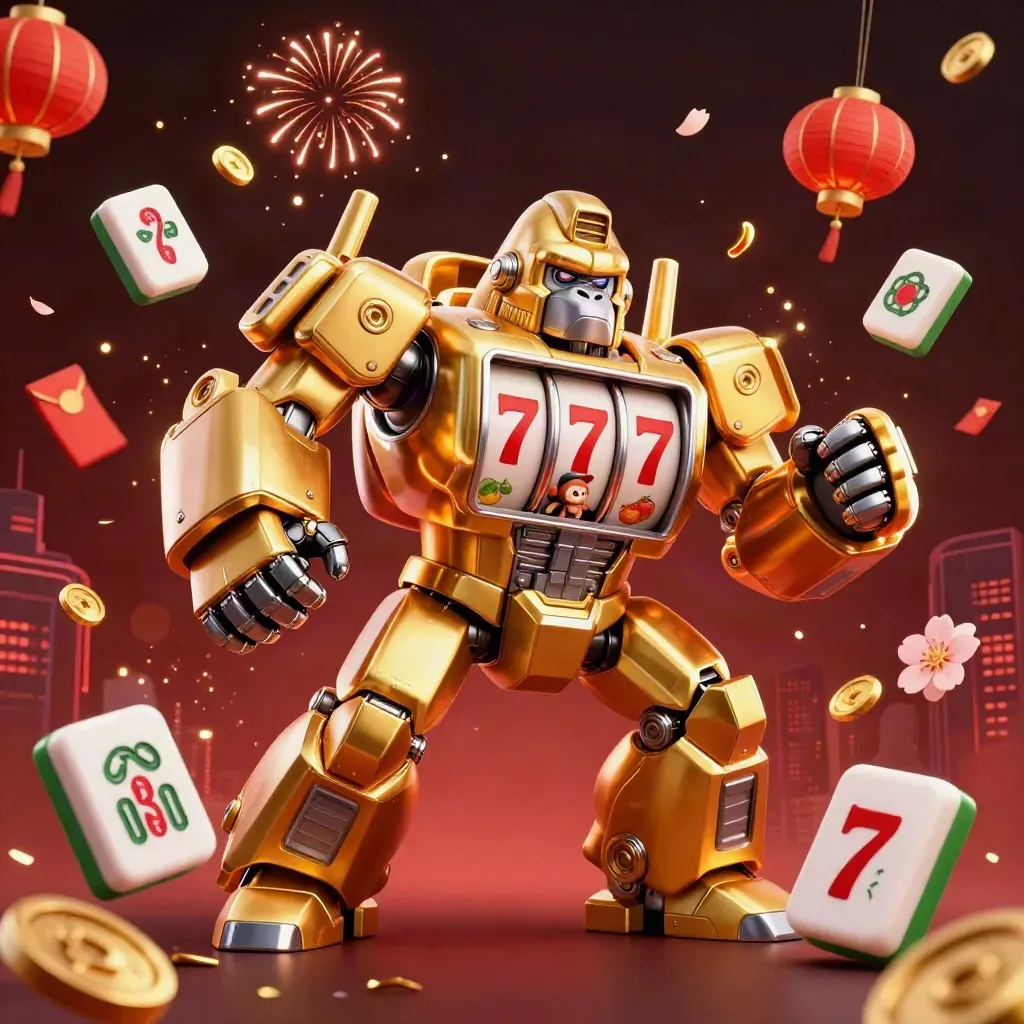 Golden gorilla mech with tiny monkey pilot amid exploding gems, lanterns, reels and neon casino effects.