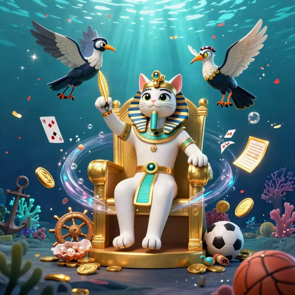 Pharaoh cat, ibis scribe, and scarabs in a treasure-filled underwater casino scene.