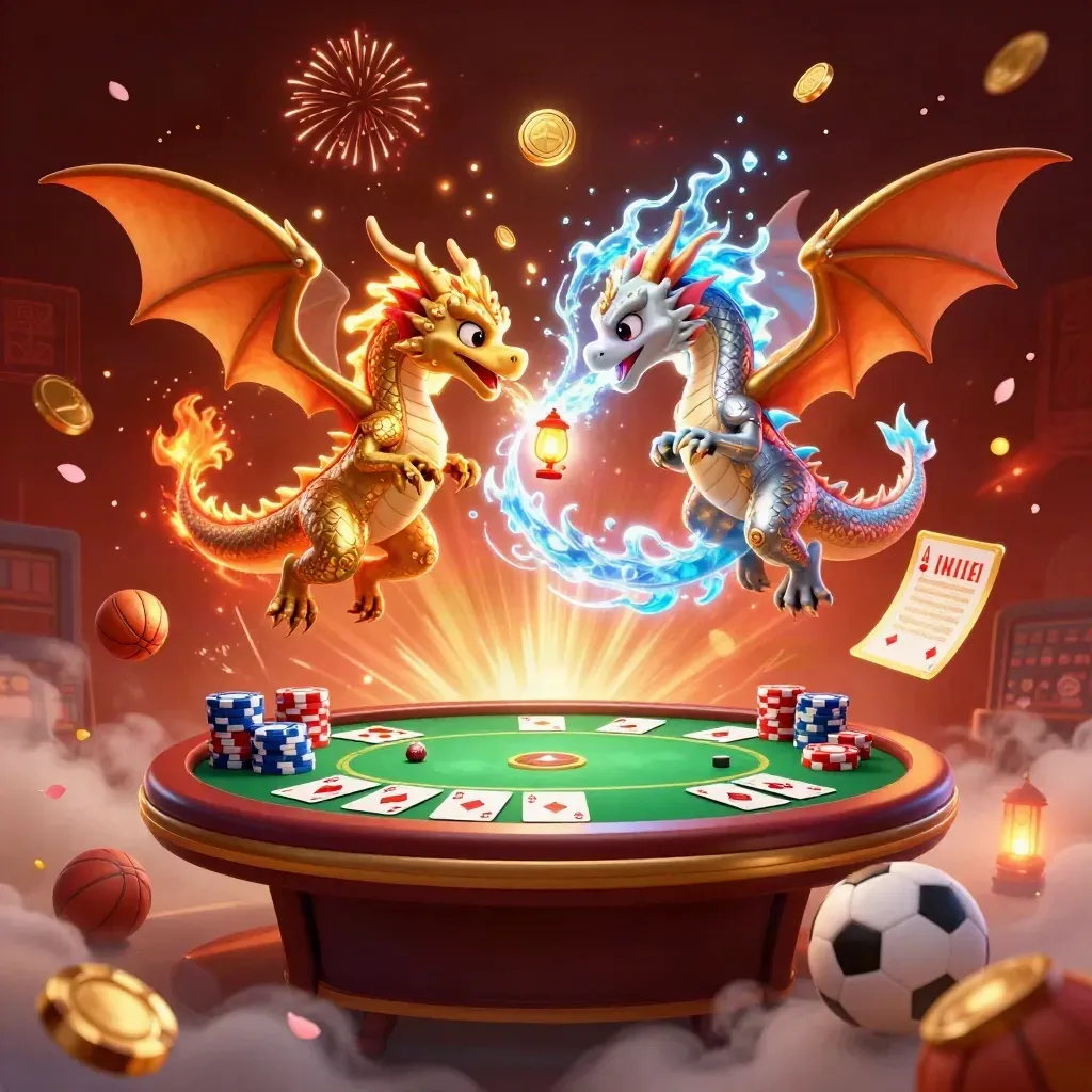 Gold and silver dragons swirl over casino icons in a fiery, coin-filled burst