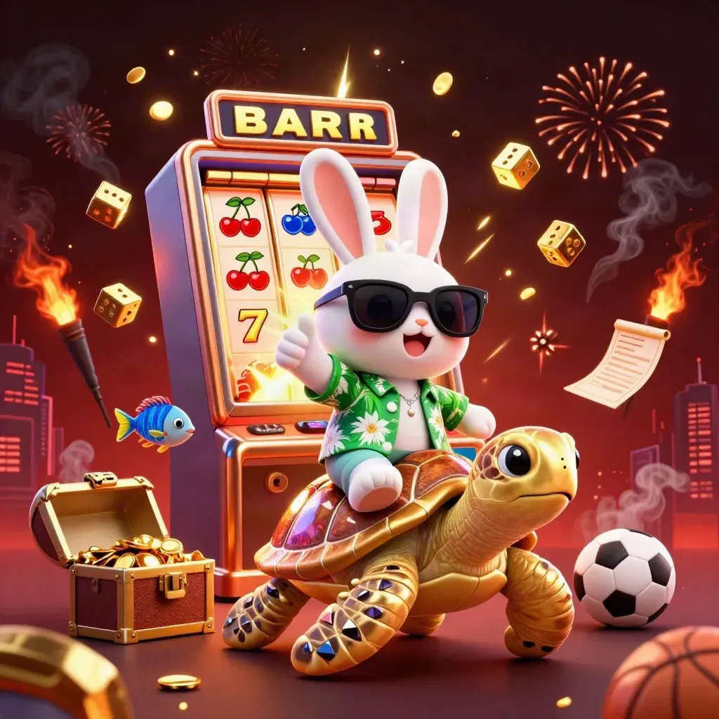 Rabbit on golden turtle amid coins, fireworks, slot burst, and sports props.