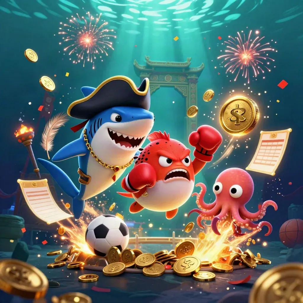 Shark pirate, pufferfish, and octopus in a coin burst with fireworks and sports props
