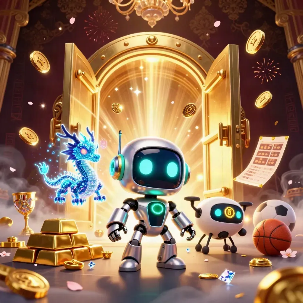 Chrome robot, holographic dragon, and coin drone burst from a glowing vault amid gold and sports gear.