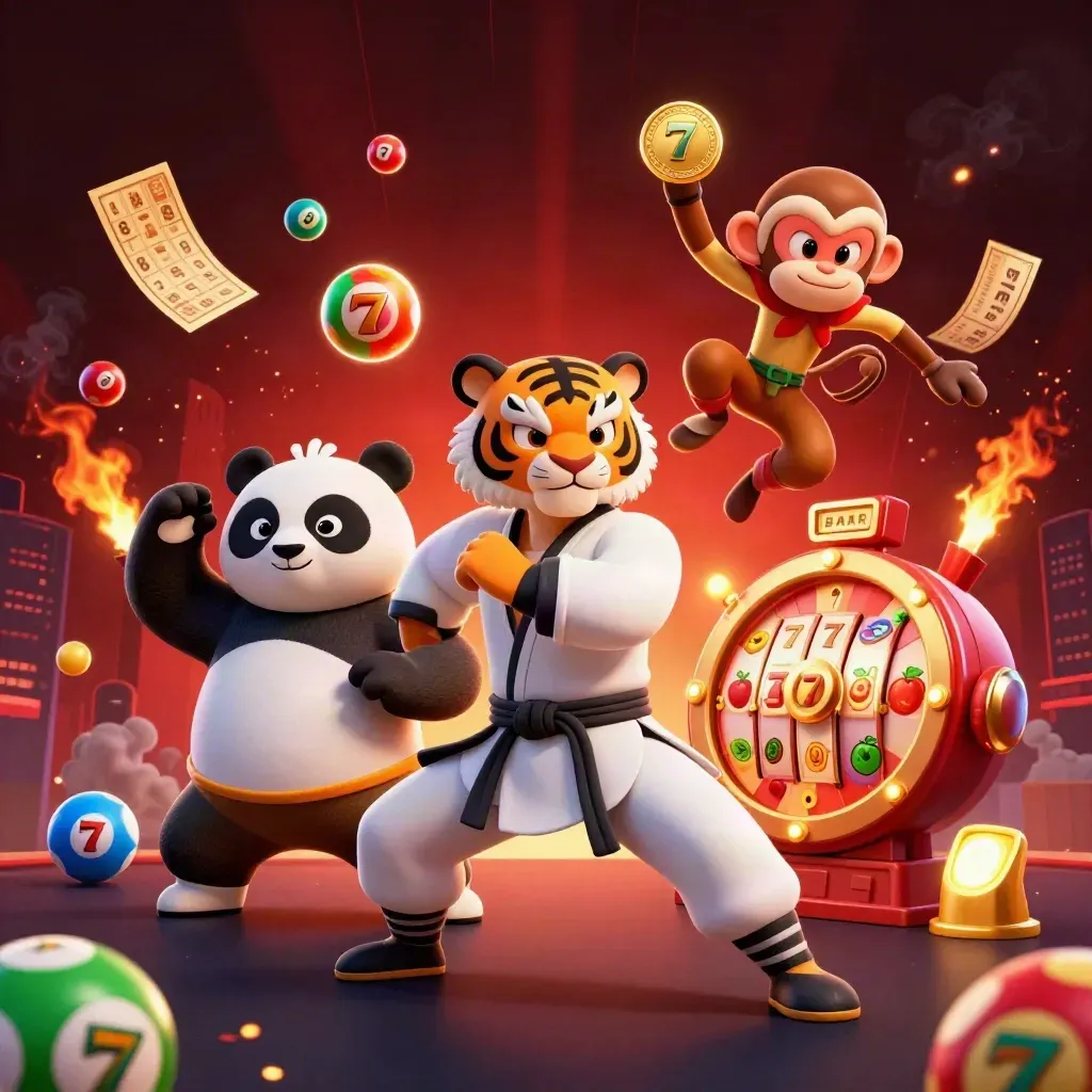 Tiger, panda, and monkey casino heroes amid reels, balls, and glowing jackpots.