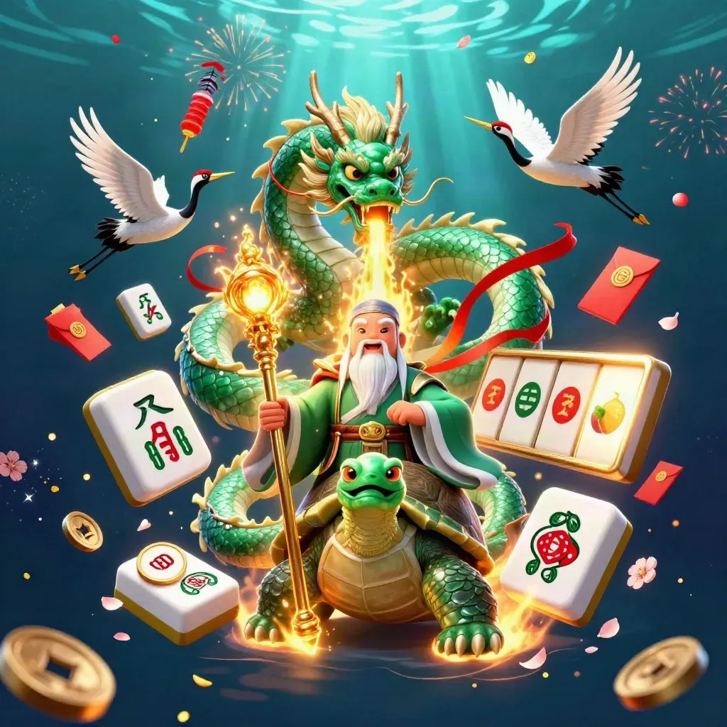 Emerald dragon, turtle sage, and cranes amid casino charms, fireworks, and jade coins.